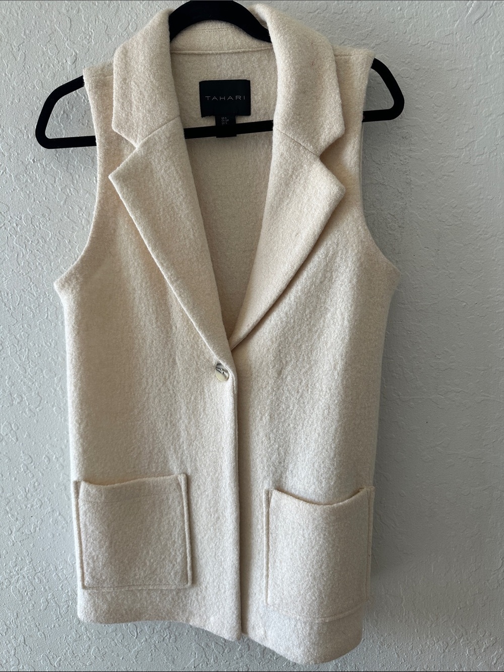 Tahari Ivory Sleeveless Long Vest with Patch Pockets